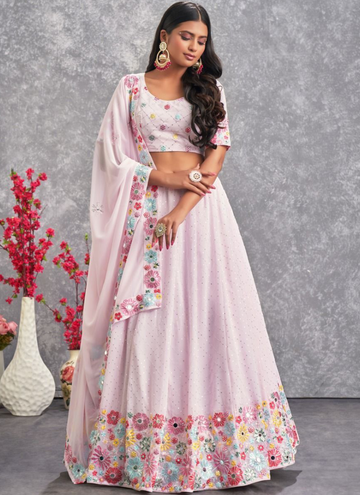 Latest Floral Embroidered Georgette Light Pink Lehenga Choli